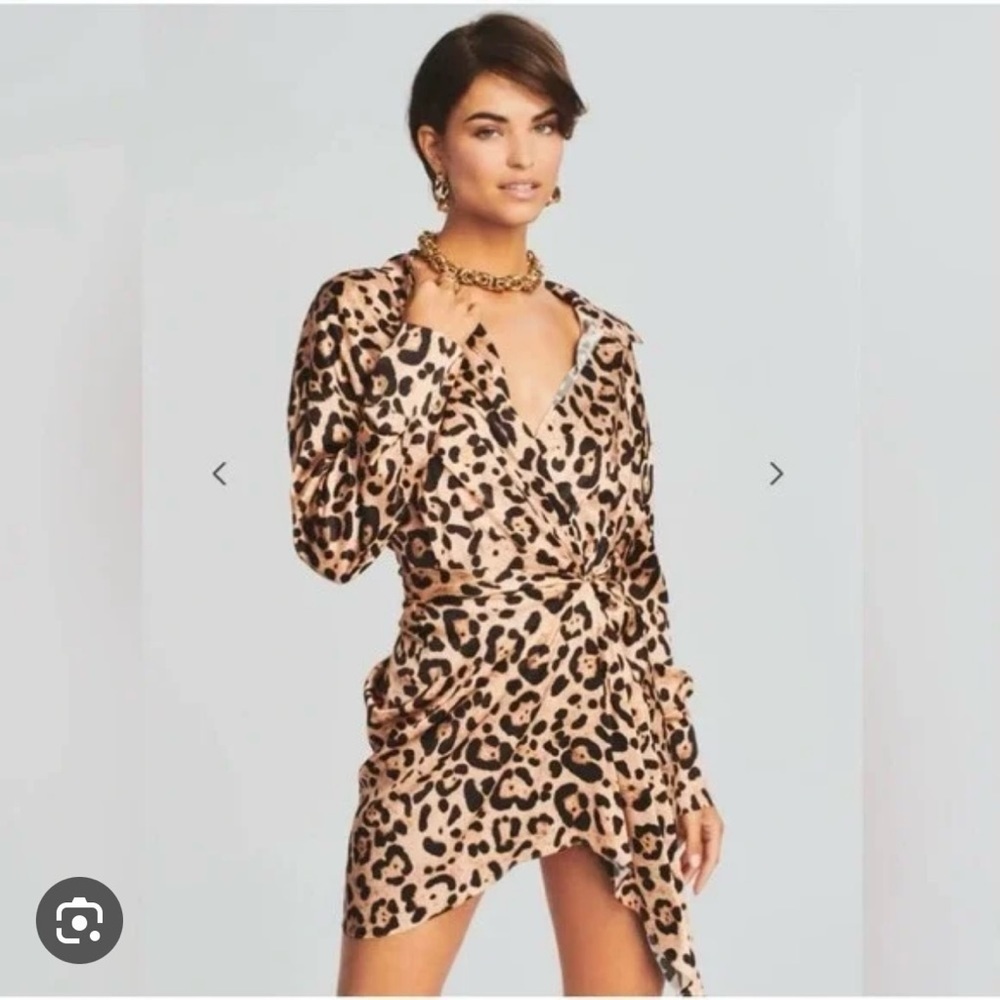 SER.O.YA Leopard Print Long Sleeve Wrap Dress in Beige and Black
